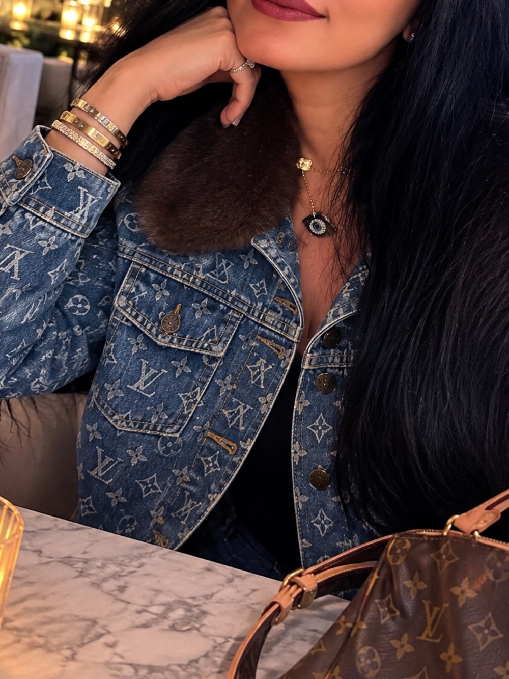 Louis Vuitton Blue Monogram Denim Jacket with Brown Fur Collar (18 bust)